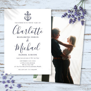 Convites Casamento de Âncora Náutica com Rótulo Azul-Marinh