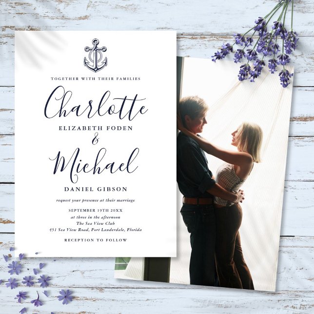 Convites Casamento de Âncora Náutica com Rótulo Azul-Marinh (Navy Blue Script Nautical Anchor Photo Wedding Invitation)