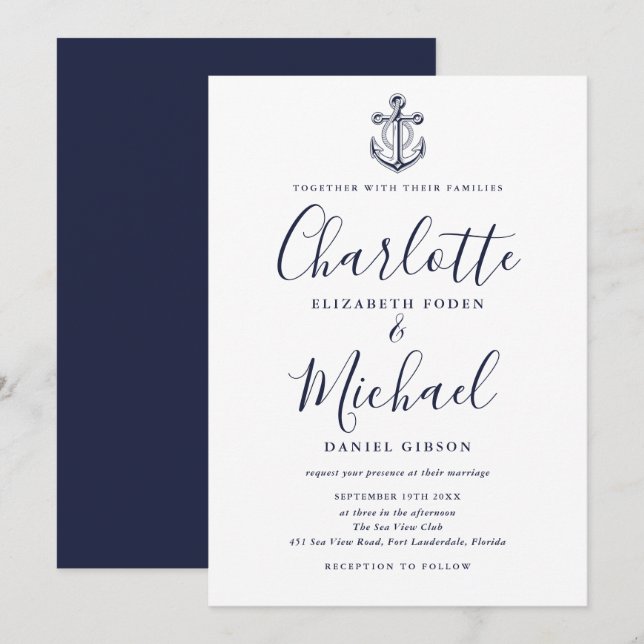 Convites Casamento de Âncora Náutica de Script Azul Elegant (Frente/Verso)