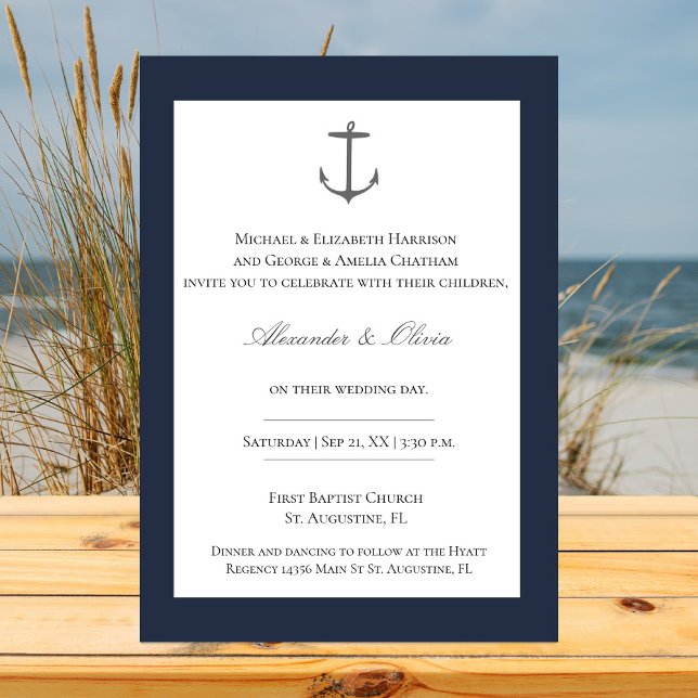 Convites Casamento de Âncora Náutica Simples | Azul Marinho (Navy Simple Nautical Anchor Wedding Invitation)