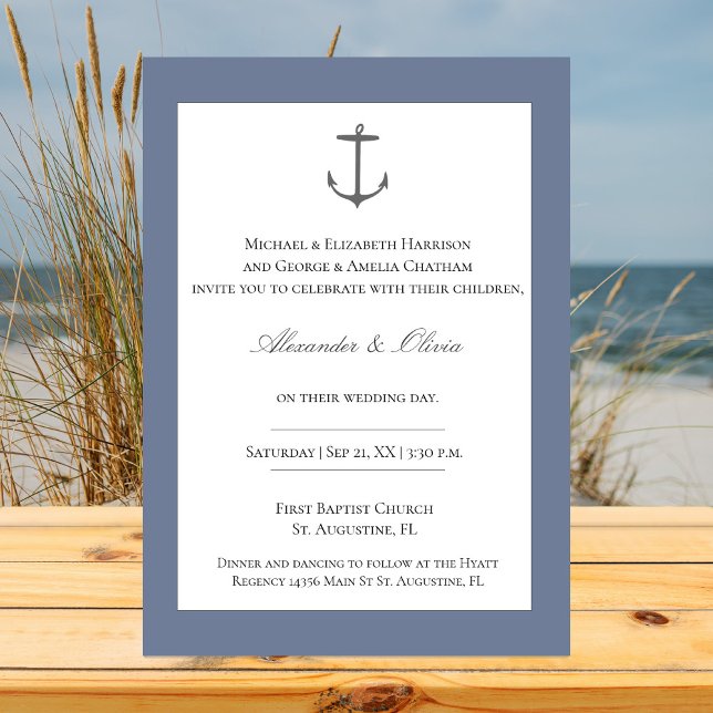 Convites Casamento de Âncora Náutica Simples | Azul poeiren (Dusty Blue Simple Nautical Anchor Wedding Invitation)