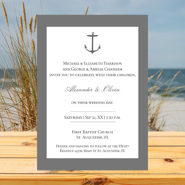 Convites Casamento de Âncora Náutica Simples | CINZAS (Gray Simple Nautical Anchor Wedding Invitation)