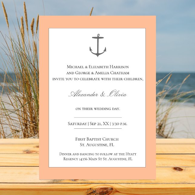 Convites Casamento de Âncora Náutica Simples | Pêssego (Peach Fuzz Simple Nautical Anchor Wedding Invitation)