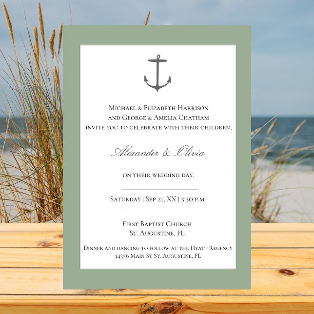 Convites Casamento de Âncora Náutica Simples | Sage Green (Sage Green Simple Nautical Anchor Wedding Invitation)