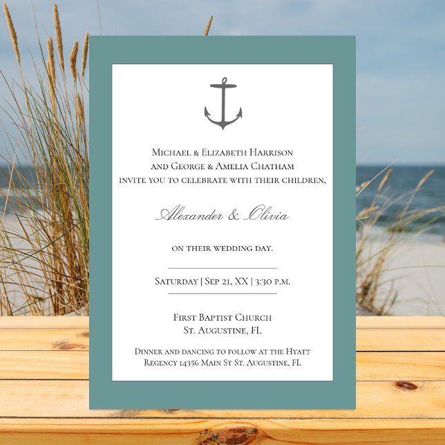 Convites Casamento de Âncora Náutica Simples | Teal (Teal Simple Nautical Anchor Wedding Invitation)