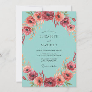 Convites Casamento de Anêmona Aquamarinho Carmesim