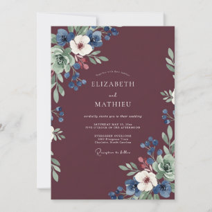 Convites Casamento de Anêmona Azul-Marinho Vinho