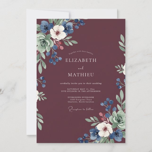 Convites Casamento de Anêmona Azul-Marinho Vinho (Frente)