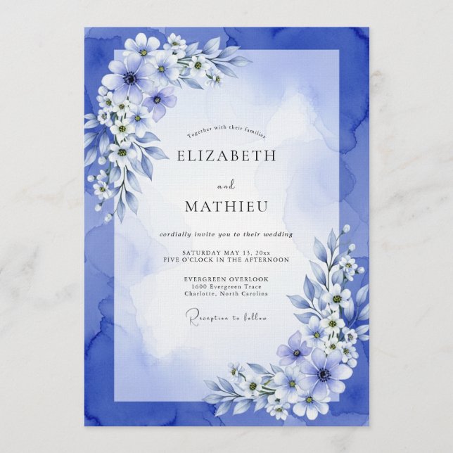 Convites Casamento de Anêmona Azul Pintado (Frente)