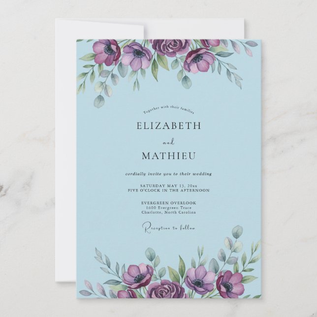 Convites Casamento de Anêmona Azul Slate em Pó (Frente)