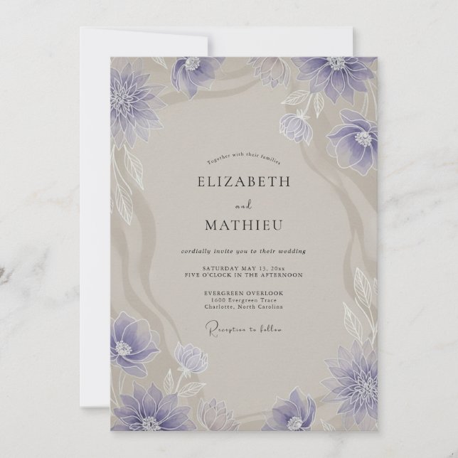 Convites Casamento de Anêmona Bege Azul-Marinho (Frente)