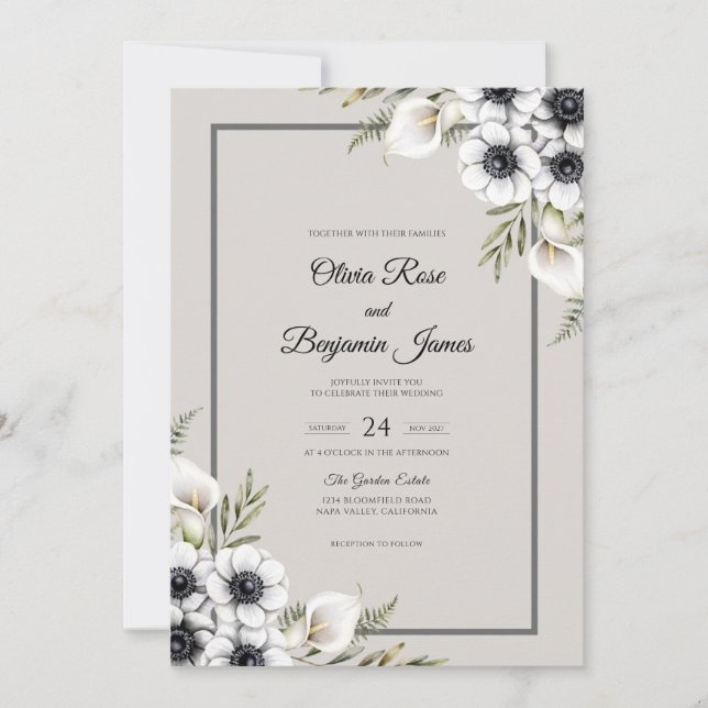 Convites Casamento de Anêmona Branco Creme (Frente)