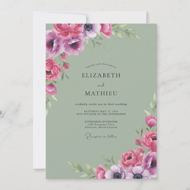 Convites Casamento de Anêmona Celadon Magenta (Frente)