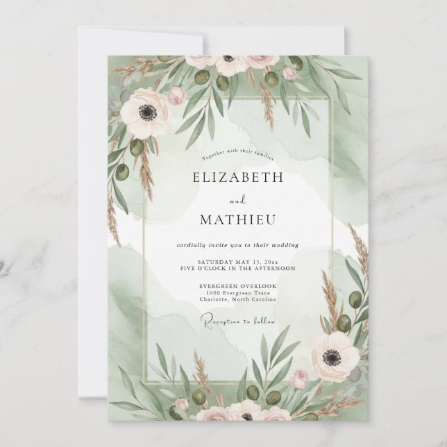 Convites Casamento de Anêmona com Blush Mint (Frente)