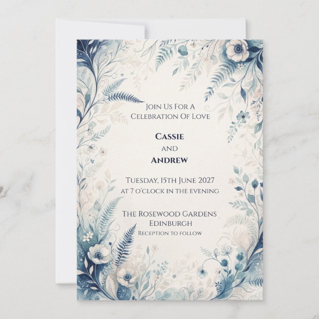 Convites Casamento de Anêmona com Samambaia Florestal Azul (Frente)