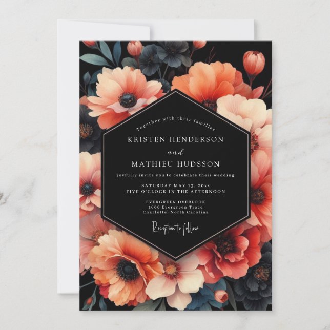 Convites Casamento de Anêmona Coral Noir (Frente)