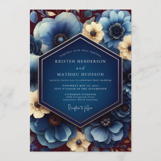 Convites Casamento de Anêmona Dourada da Marinha (Frente)