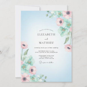 Convites Casamento de Anêmona Elegante Céu Azul