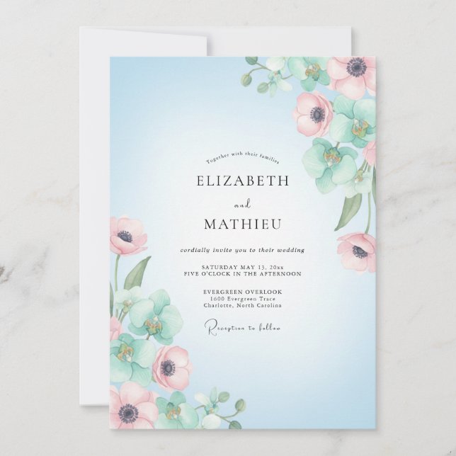 Convites Casamento de Anêmona Elegante Céu Azul (Frente)