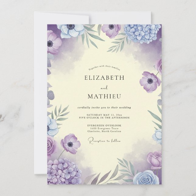 Convites Casamento de Anêmona Lilás Lavanda (Frente)