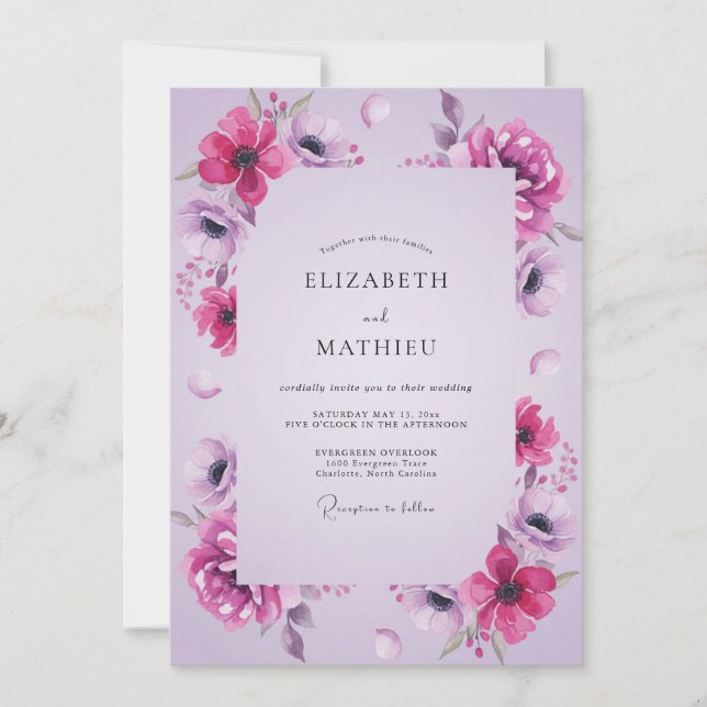 Convites Casamento de Anêmona Lilás Magenta (Frente)
