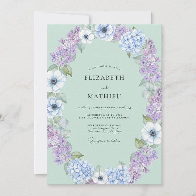 Convites Casamento de Anêmona Lilás Menta (Frente)