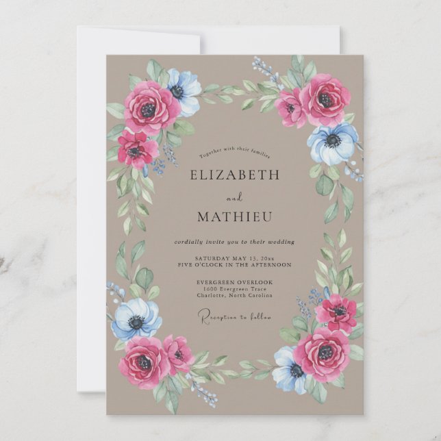 Convites Casamento de Anêmona Magenta Taupe (Frente)