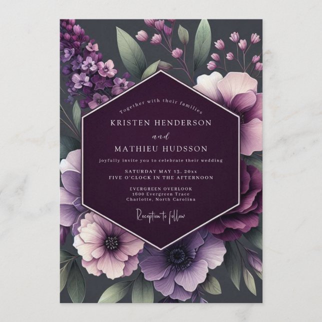 Convites Casamento de Anêmona Plum Moody (Frente)