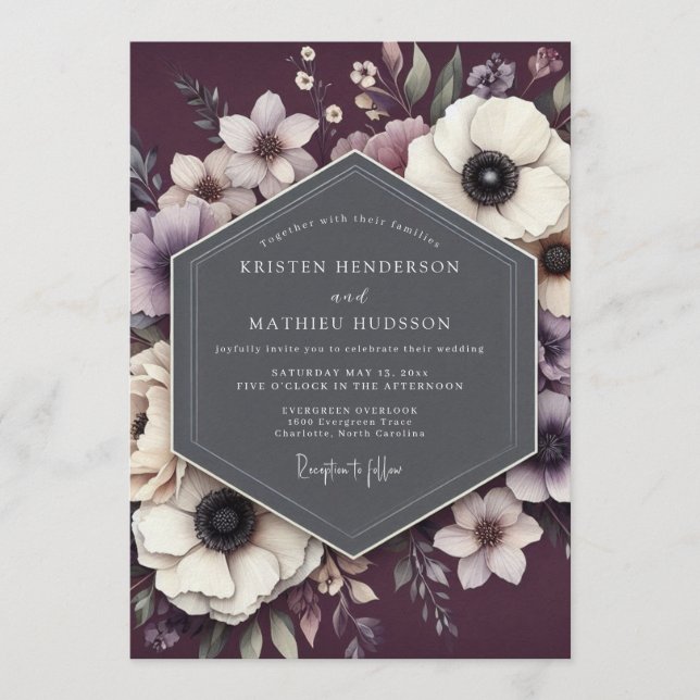Convites Casamento de Anêmona Plum Noir (Frente)