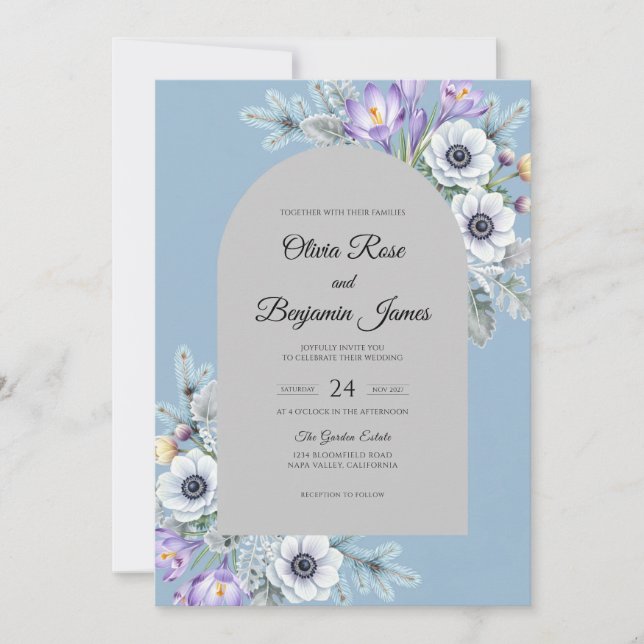 Convites Casamento de Anêmona Prata e Periwinkle (Frente)