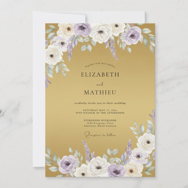 Convites Casamento de Anêmona Violeta Dourada (Frente)