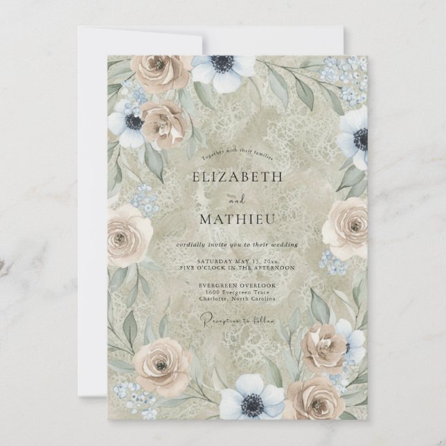 Convites Casamento de Ânemonas Pérola Taupe (Frente)