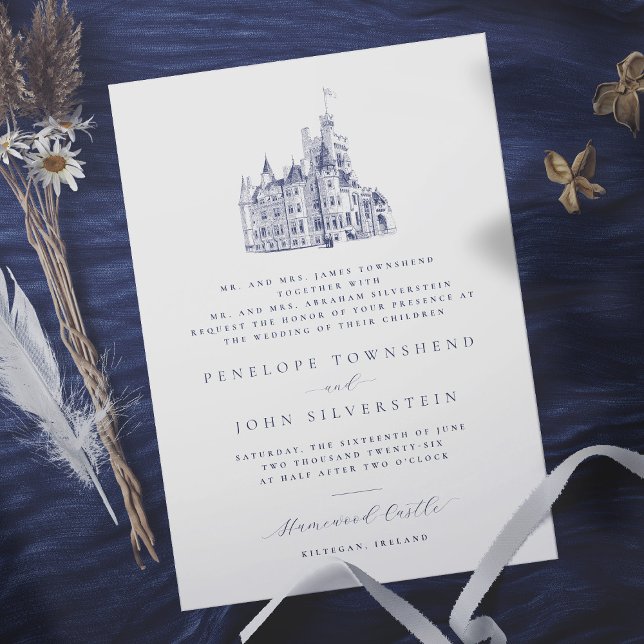 Convites Casamento de Anfitrião de Ilustração do Castelo El (In Situ. Wedding invitation w/ vintage castle illustration, text denotes that both parents hosting)