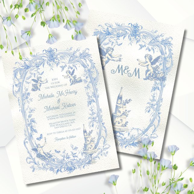 Convites Casamento de anjo com cupido embebido em Toile Flo (Criador carregado)