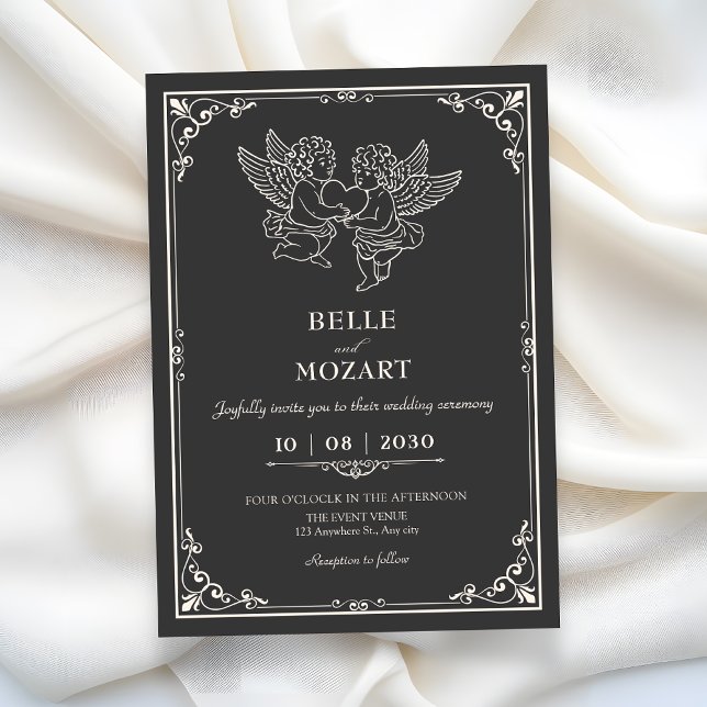 Convites Casamento de anjos elegantes vintage cinza  (Criador carregado)