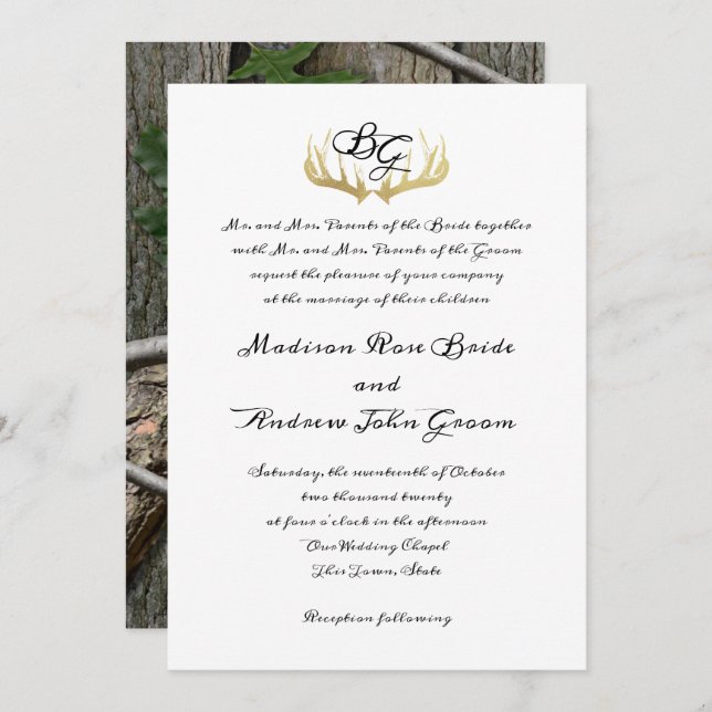 Convites Casamento de Antlers Monograme Woodland Trees (Frente/Verso)