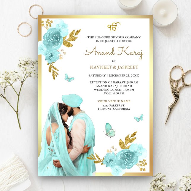 Convites Casamento de Aqua Blue Floral Punjabi Anand Karaj  (Criador carregado)