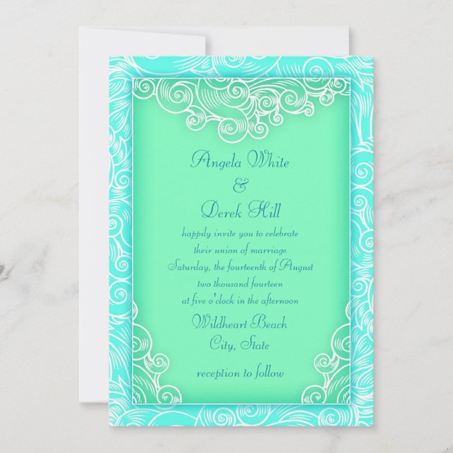 Convites Casamento de Aqua e Mint Waves Green Beach (Frente)
