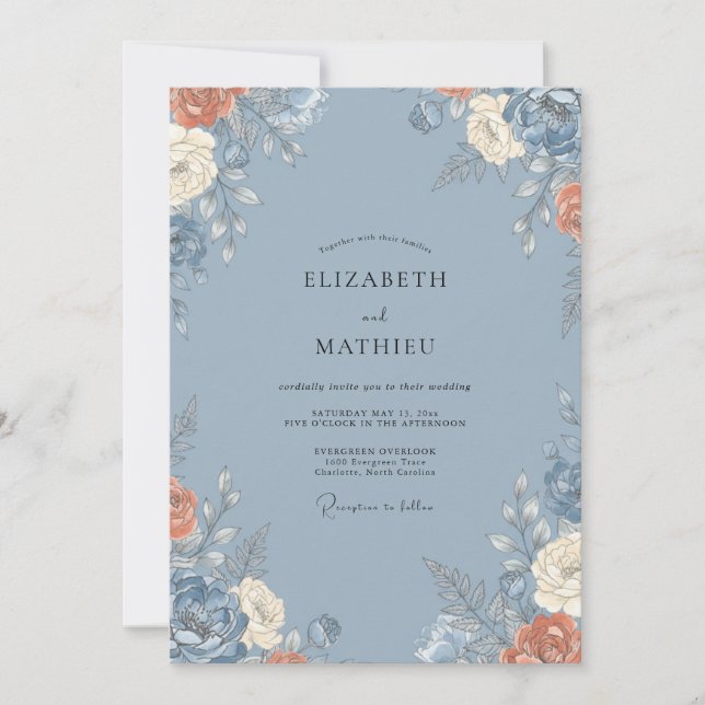 Convites Casamento de Aquarela Botânica Azul Centáurea (Frente)