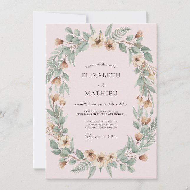 Convites Casamento de Aquarela Botânica Blush Sage (Frente)