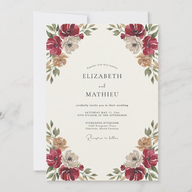 Convites Casamento de Aquarela Botânica Carmesim (Frente)