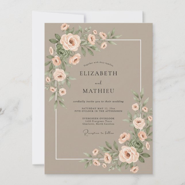 Convites Casamento de Aquarela Botânica com Rubor de Taupe (Frente)
