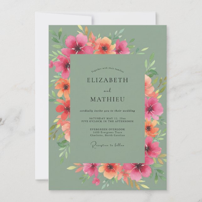 Convites Casamento de Aquarela Botânica com Sage Rosa (Frente)