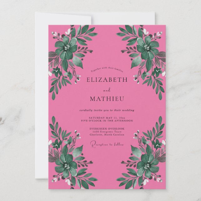 Convites Casamento de Aquarela Botânica Fúcsia (Frente)
