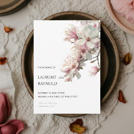 Convites Casamento de Aquarela Botânica Magnólia Rosa Corad