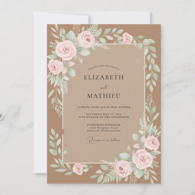 Convites Casamento de Aquarela Botânica Marrom Rubor (Frente)