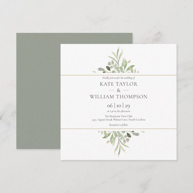 Convites Casamento de Aquarela Botânica Verde  (Frente/Verso)