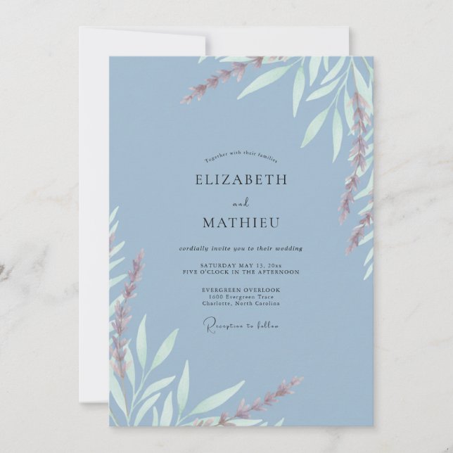 Convites Casamento de Aquarela com Folhas Pintadas em Aço (Frente)
