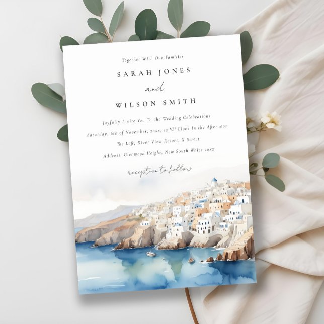 Convites Casamento de Aquarela com Grécia Chic Santorini (Criador carregado)