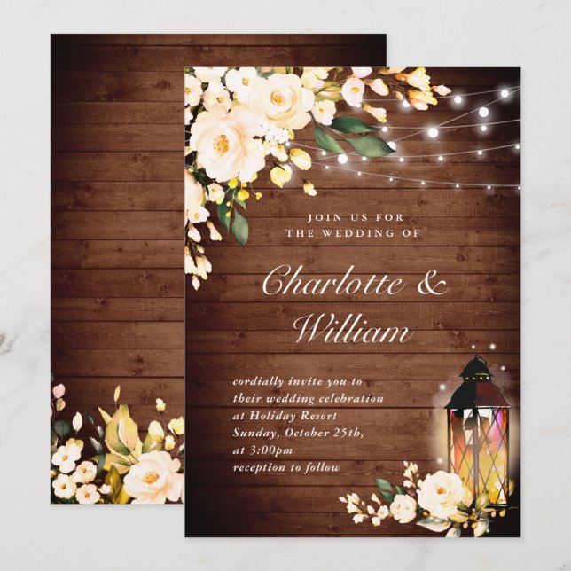 Convites Casamento de Aquarela com Madeira e Rosas Cor-de-R (Frente/Verso)